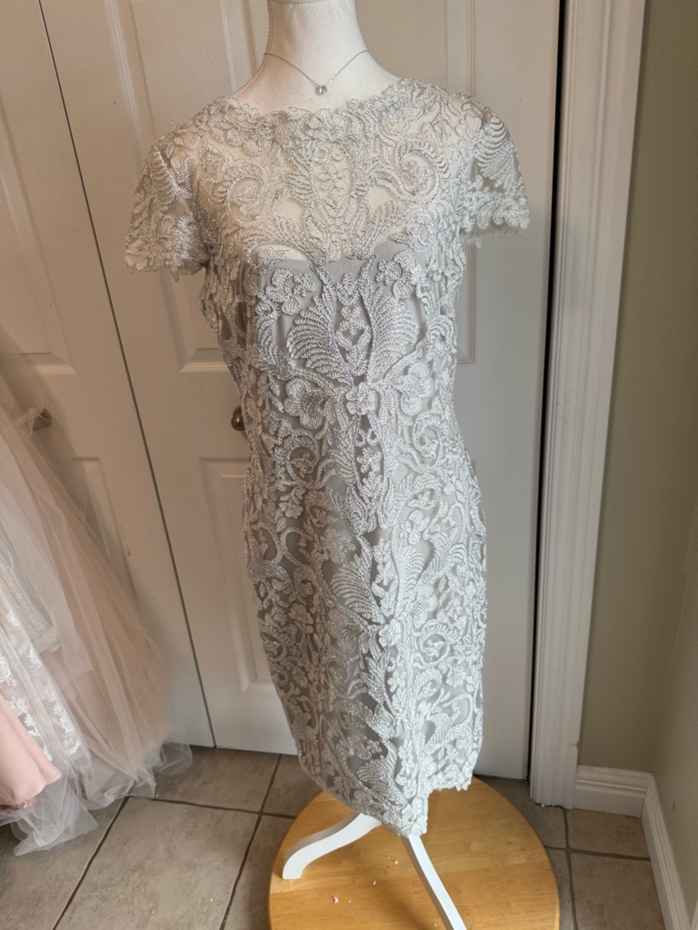 Tadashi Shoji Silver White Lace Midi Dress